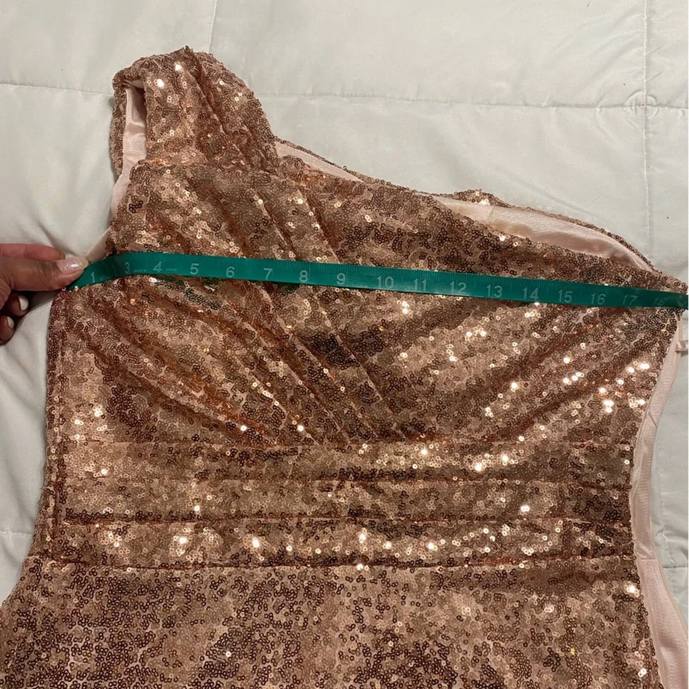 Rose Gold One Shoulder Evening Gown with Broken Zipper - Picture 3 of 7
